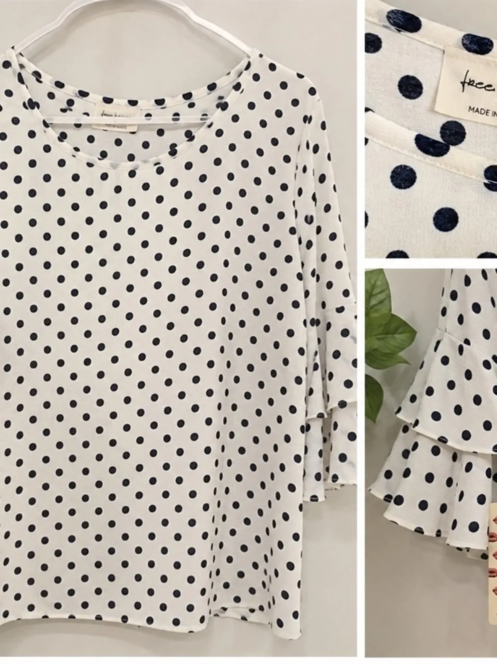 Face Kisses  White Blouse with Navy Polka Dots
